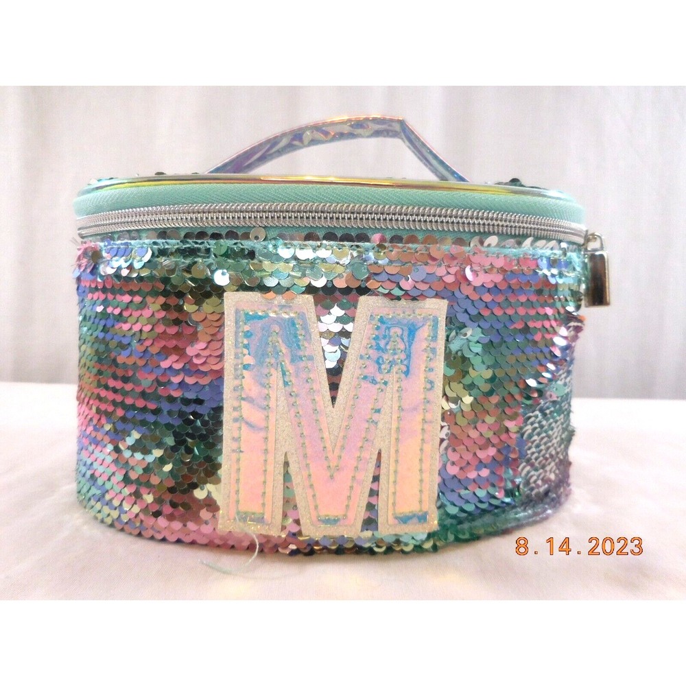 Girl's Justice Gold Flip Sequin Initial M Train Case Jewelry Makeup Case‎ Bag